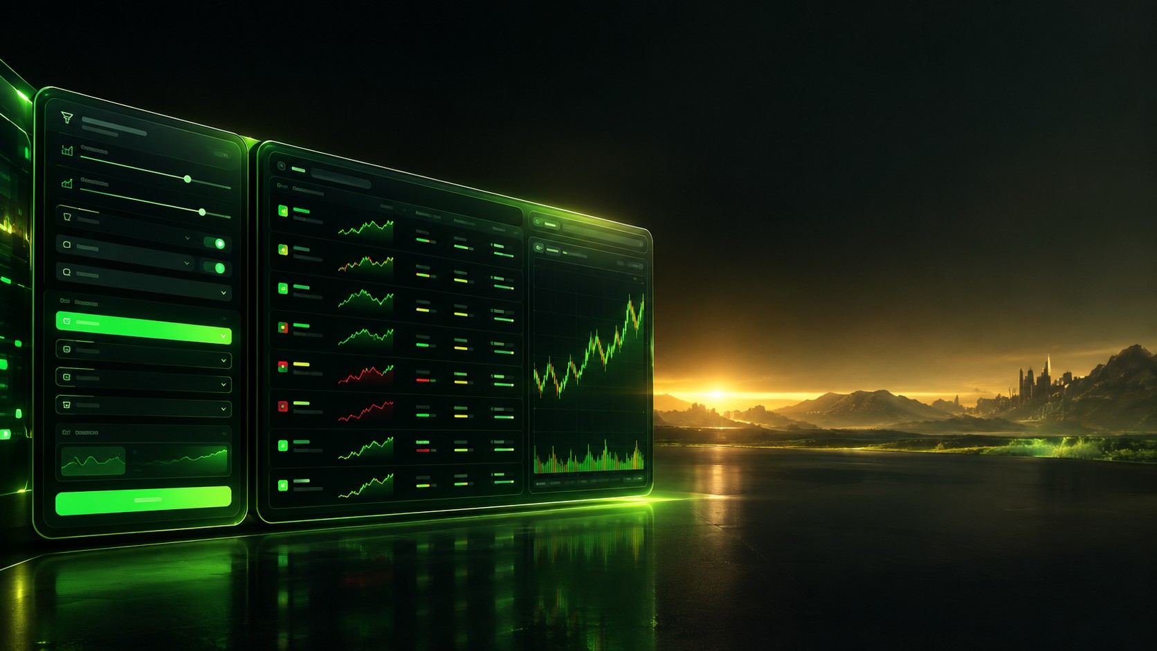 Sleek dashboard with filter panels and a list of stock charts
